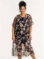 Studio - Karin Mesh Kjole, Sort med Brune Blomster 
